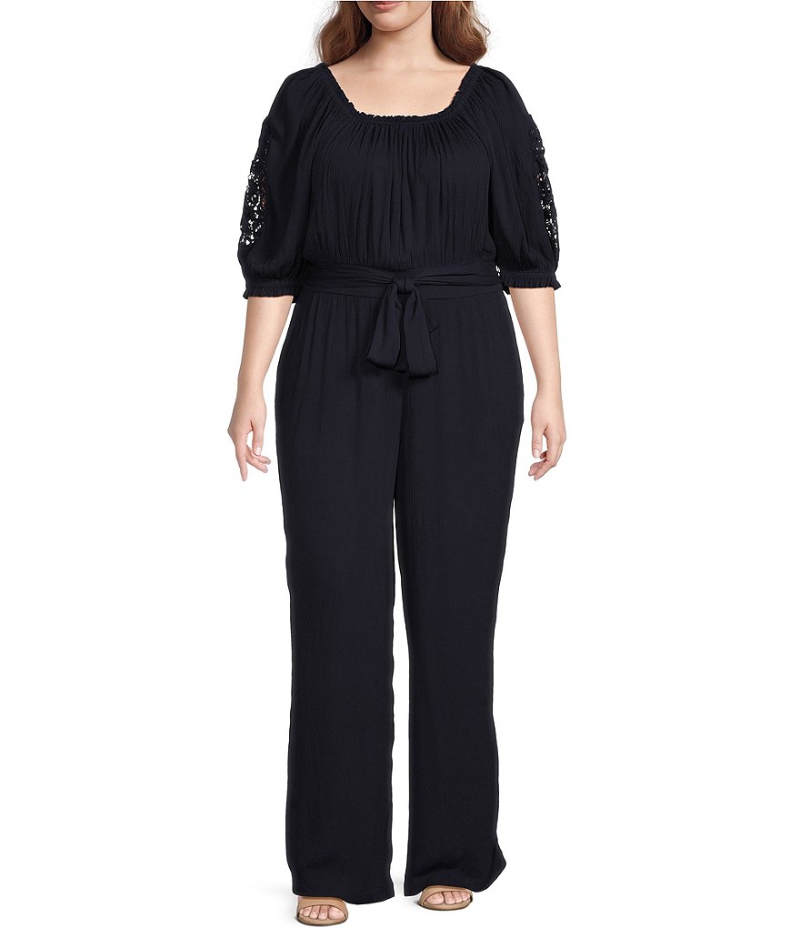 Jessica Simpson Plus Size Nadia Square Neck Lace Detail Elbow Sleeve Side  Pocket Wide-Leg Belted Jumpsuit