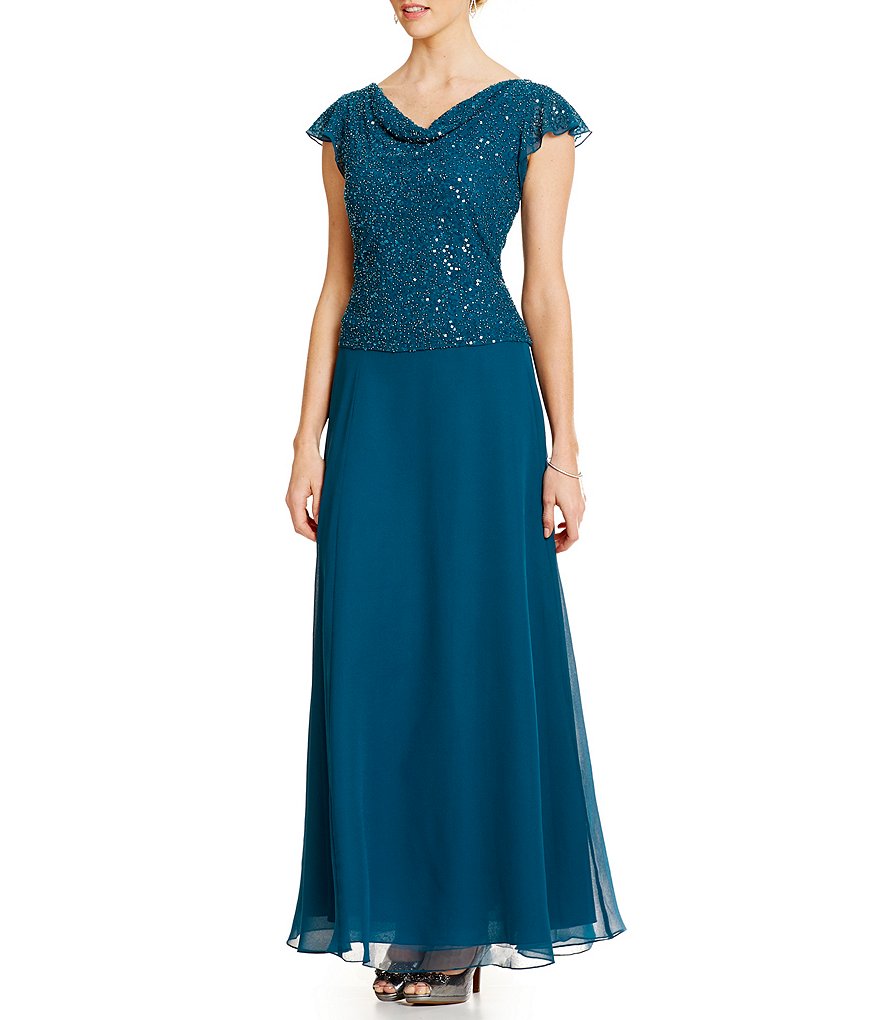 Jkara Beaded Flutter Sleeve Chiffon Gown | Dillards