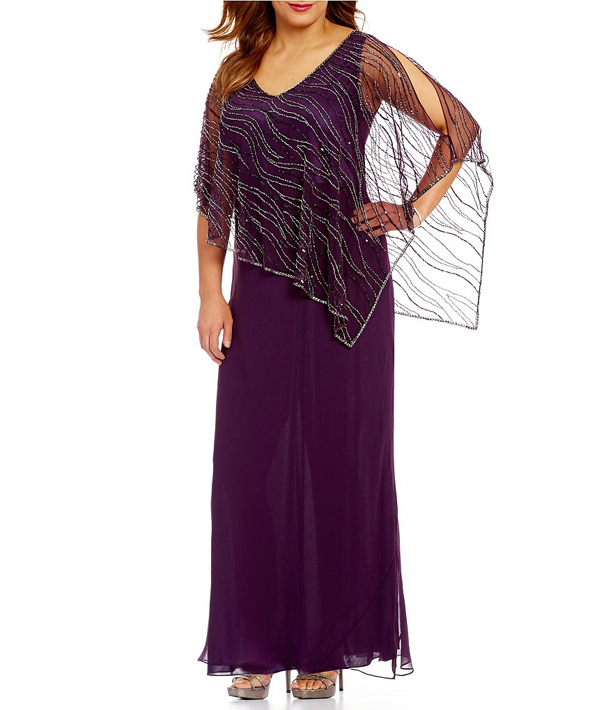 Jkara Plus V-Neck Beaded Capelet Gown | Dillards