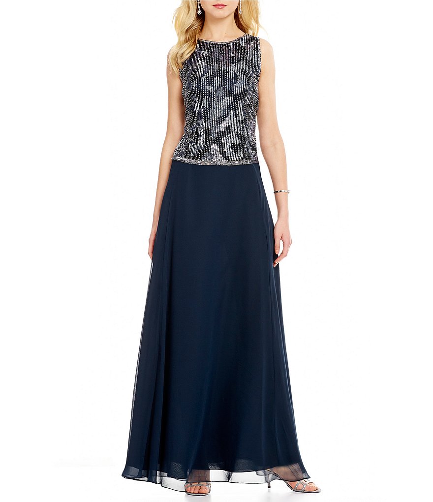 JKara Sequin Bodice Sleeveless A-Line Chiffon Gown | Dillards