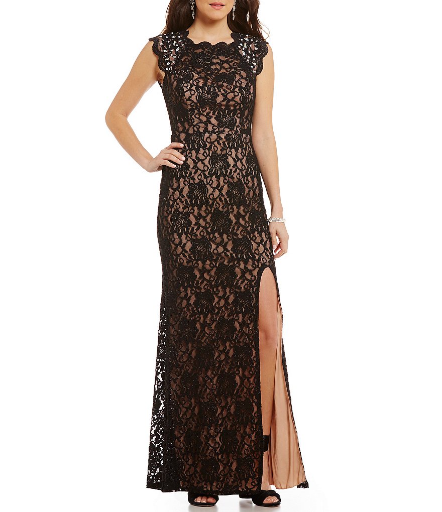 Jodi Kristopher High Neck Jeweled Cap Sleeve Open-Back Lace Long Dress ...