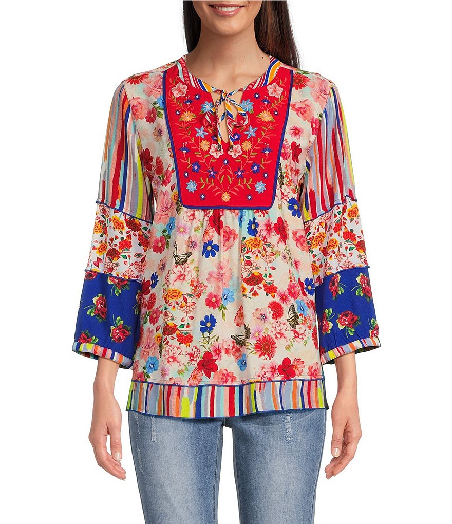 John Mark Embroidered Floral Print Split Neck 3/4 Cuffed Bubble Sleeve ...