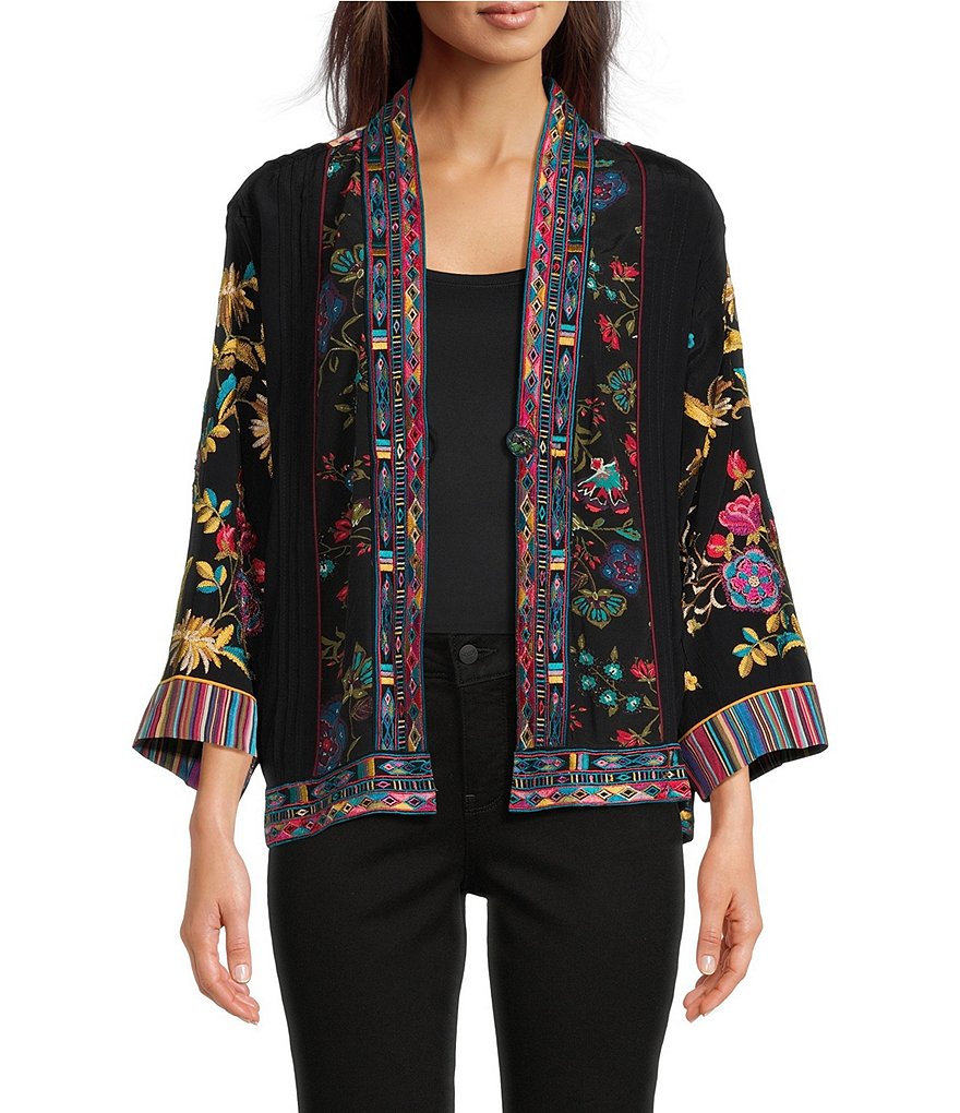 John Mark Embroidered Multi Floral Print Banded Neck 3/4 Cuffed Sleeve ...
