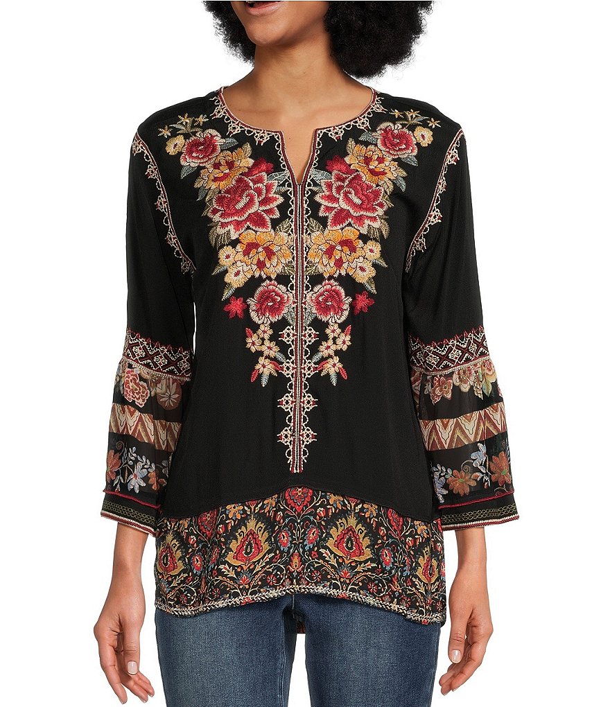 John Mark Embroidered Print Woven Georgette Split Neck 3/4 Bell Sleeve ...