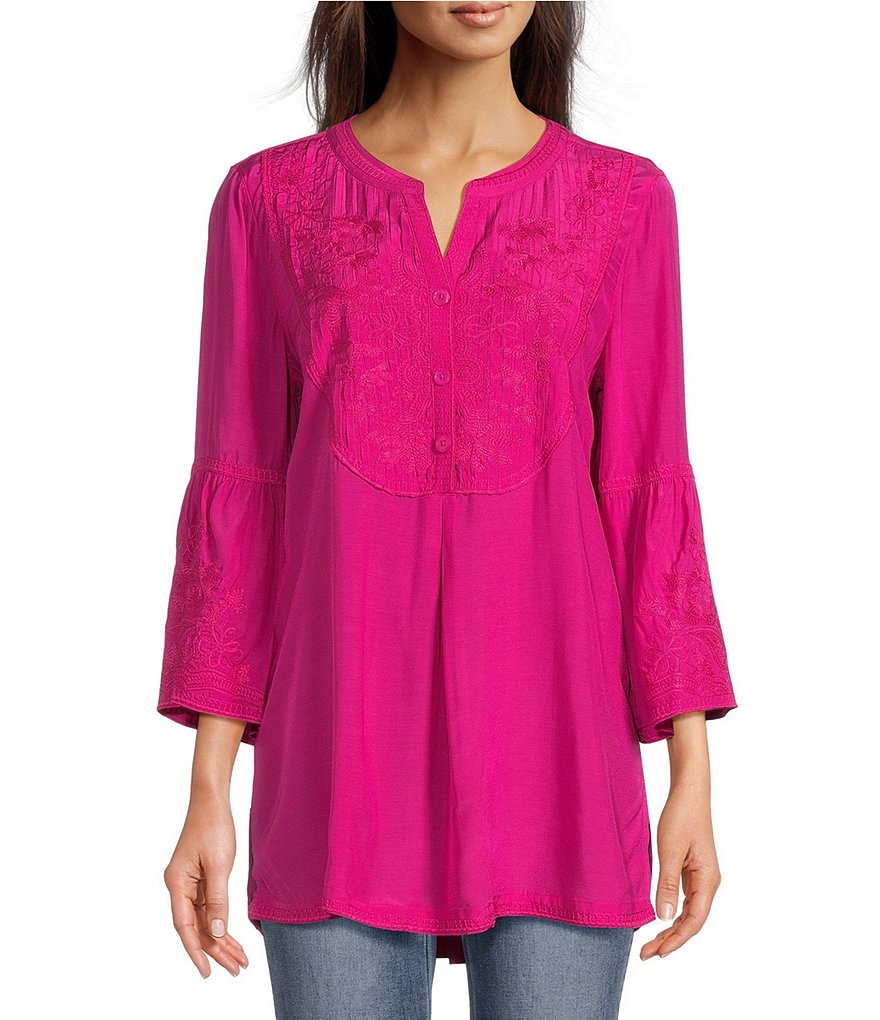 John Mark Floral Embroidered Split V- Neck 3/4 Flared Sleeve Pintuck Button  Front Woven Tunic