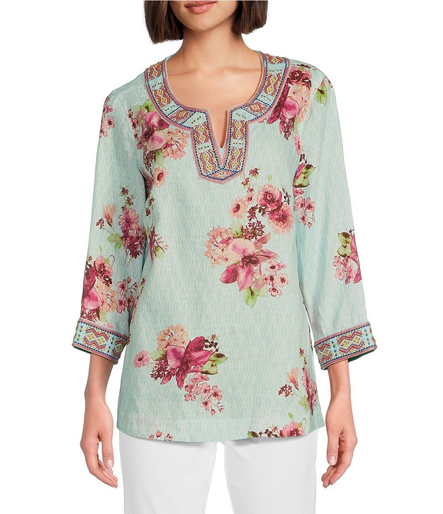 John Mark Linen Blend Floral Print Embroidered Beaded Split V-Neck 3/4  Sleeve Hi-Low Hem Tunic