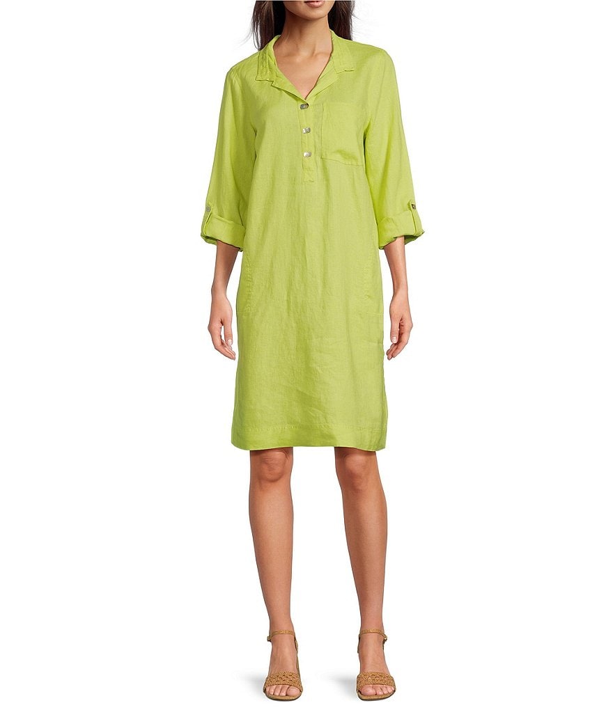 John Mark Linen Wire Collar Roll Tab Sleeve Shirt Dress John Mark Linen Wire Collar Roll Tab Sleeve Shirt Dress