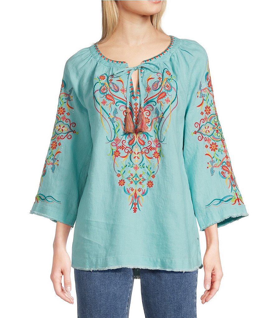 John Mark Paisley Print Floral Embroidered Split V-Neck 3/4