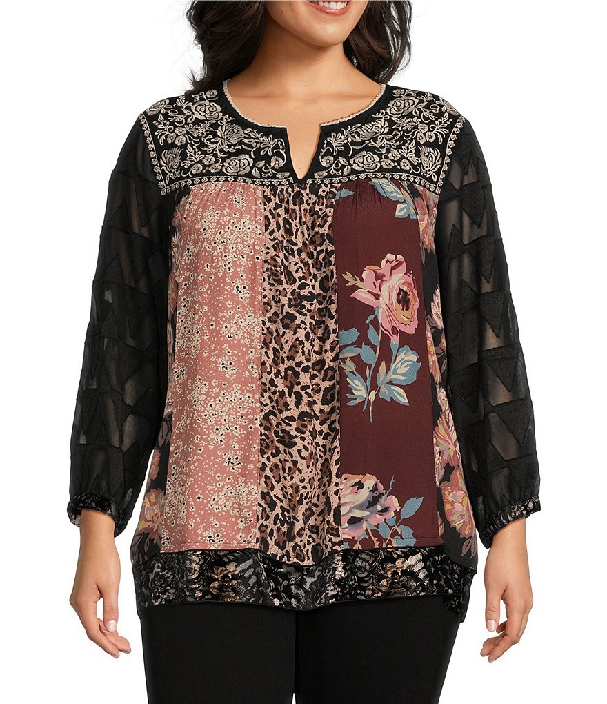 John Mark Plus Size Multi Print Jacquard Woven Split Neck 3 4 Sleeve