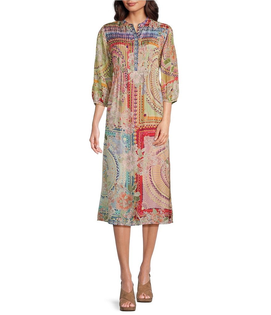 JOHNNY WAS Britta Garden Mosaic Tile Print Silk 3/4 Sleeve Shift Dress