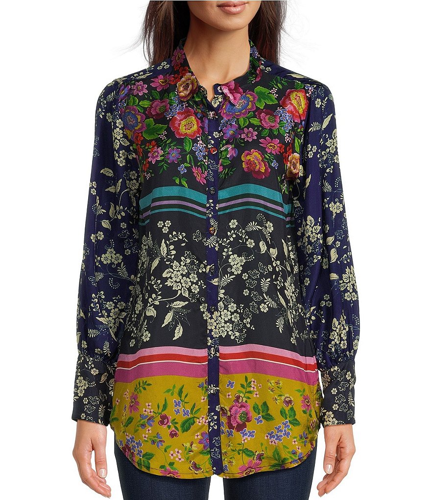 JOHNNY WAS Allbee Embroidered Floral Geometric Print Ruffle Banded Collar  Long Sleeve Button Front Scallop Hem Blouse