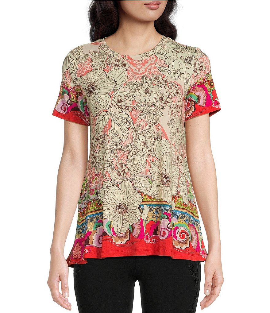 JOHNNY WAS Janie Favorite Sketched Floral Bamboo Knit Jersey Crew Neck ...