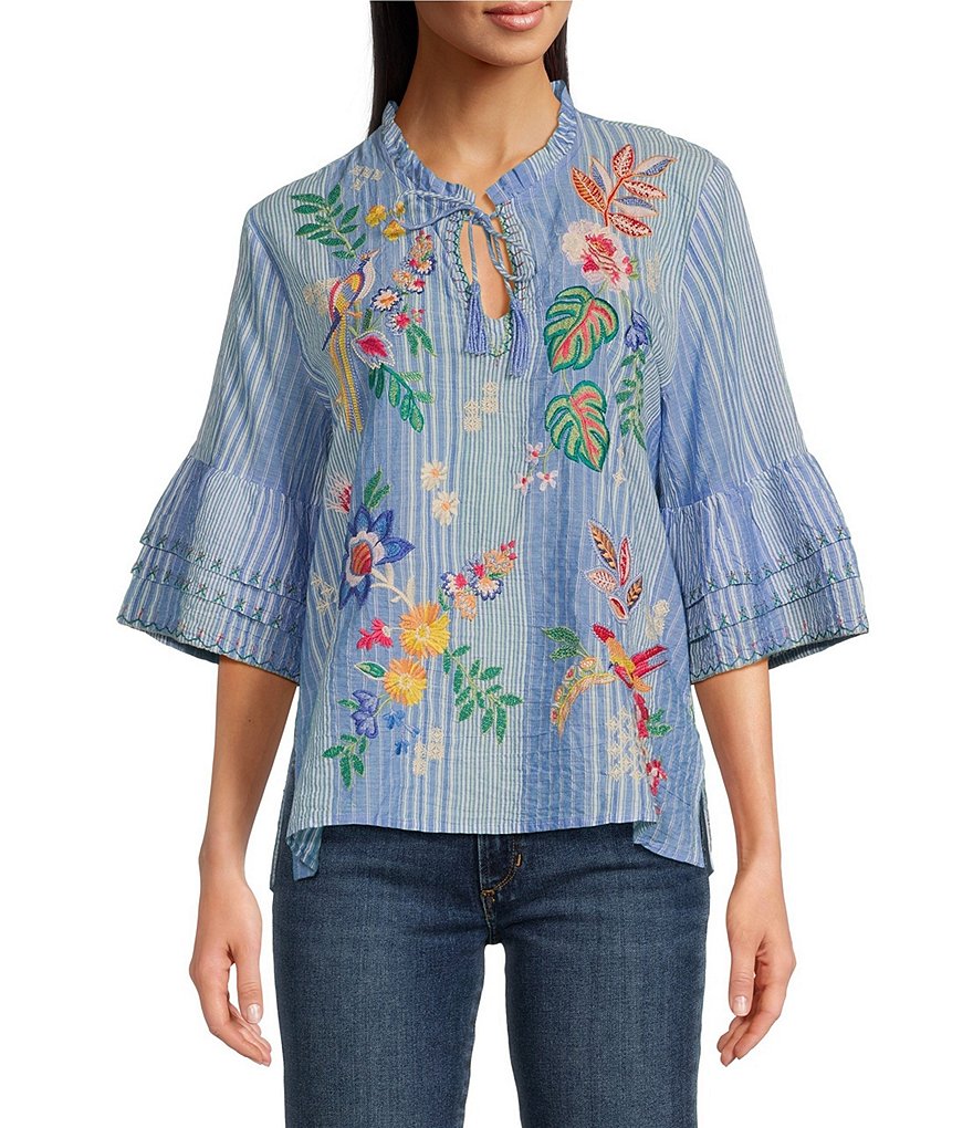 JOHNNY WAS Jeanette Embroidered Floral Stripe Print Split V-Neck 3/4 ...