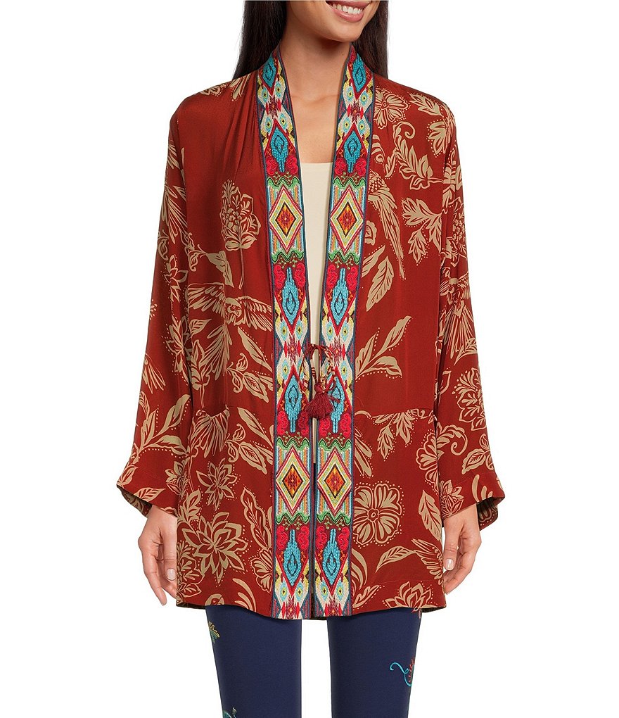 JOHNNY WAS Noah Benet Floral Print Silk Embroidered Placket