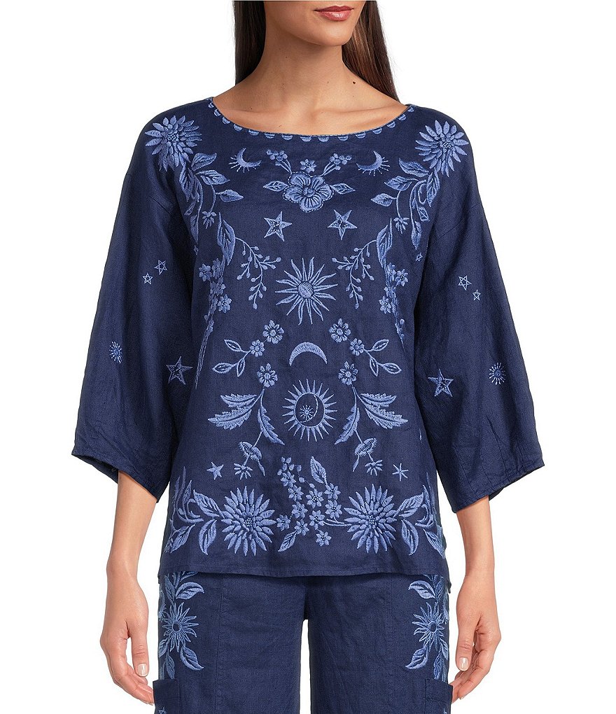 JOHNNY WAS Oleander Tonal Floral Embroidered Boat Neck 3/4 Sleeve ...