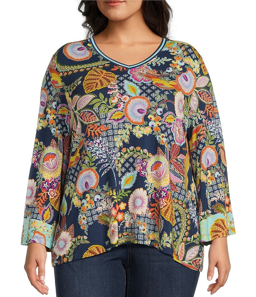 Johnny Was Plus Size Bamboo Knit Janie Wildbird Print V Neck Long