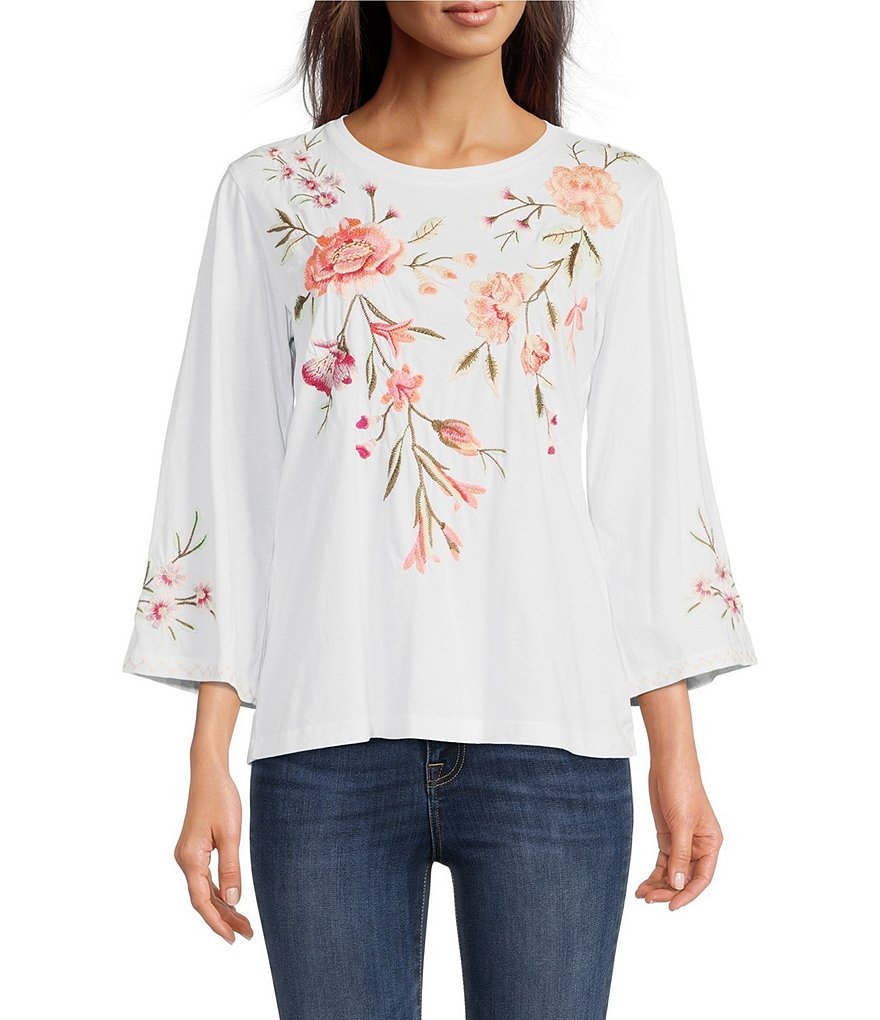 Embroidered Flower Graphic Long Sleeve Tee, Vintage White – North