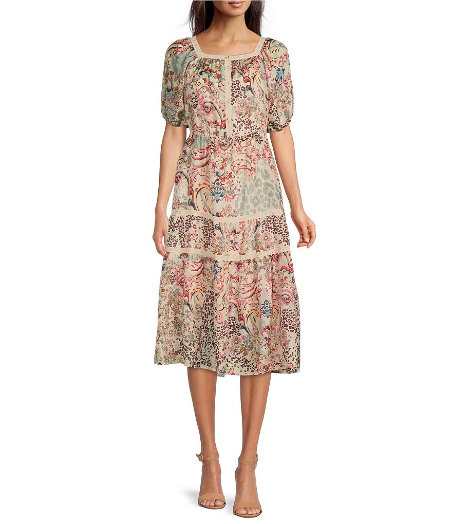 Paisley Midi Puffed Square Jungle Sleeve Dress Tiered | Neck Dillard\'s Print WAS JOHNNY Short Silk Zenovia