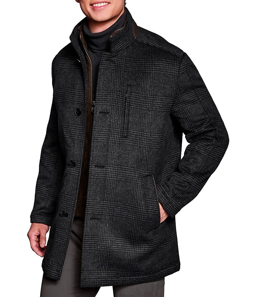 Johnston & Murphy Long Sleeve Upton Plaid Wool Blend Car Coat