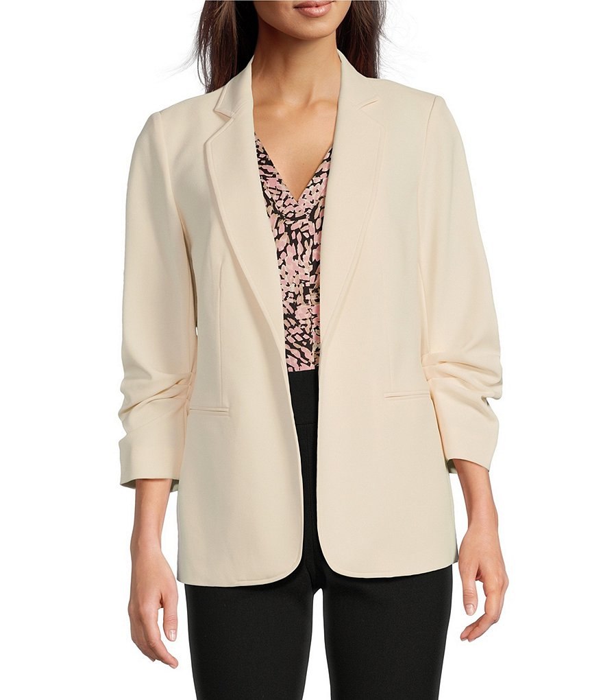 Jones New York Stretch Twill Notch Lapel Scrunch Sleeve Open