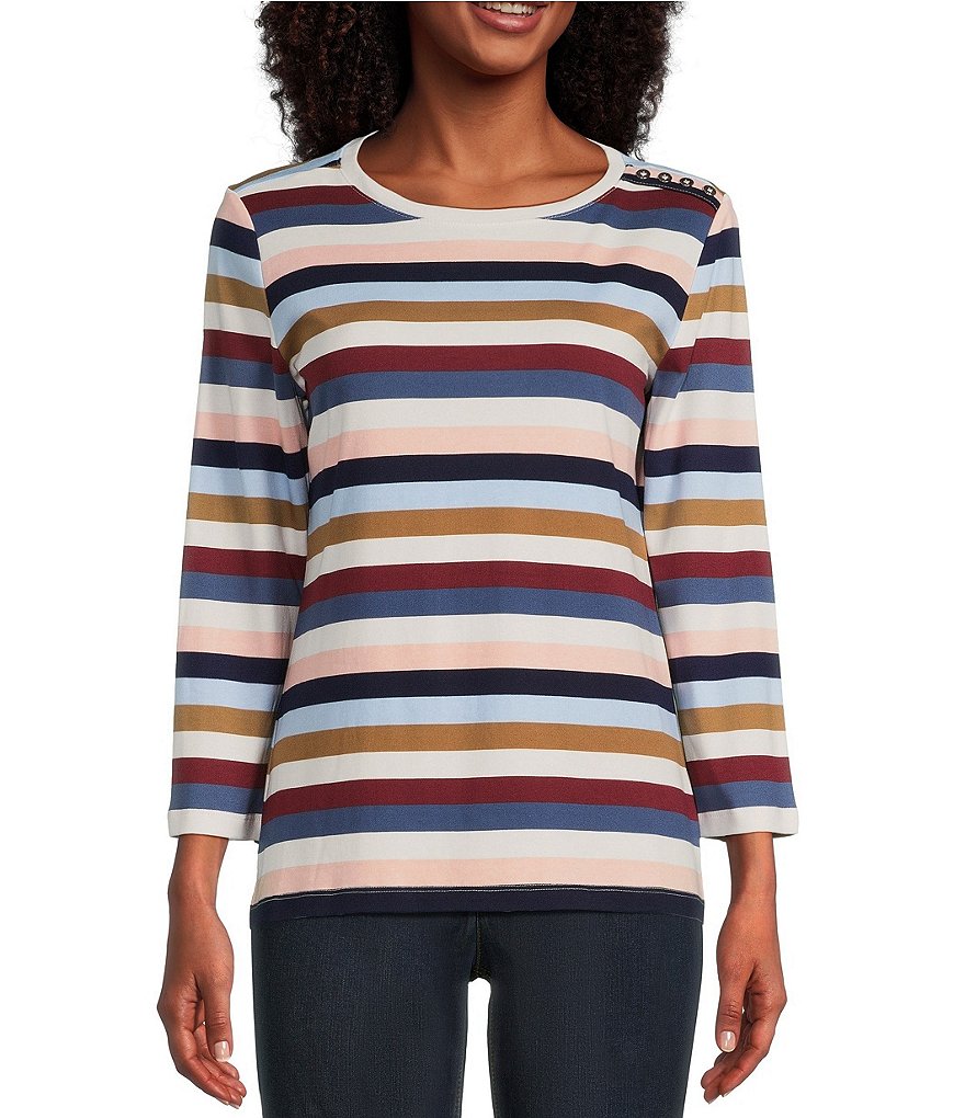 Jones New York Stripe Print Scoop Neck 3/4 Sleeve Tee Shirt | Dillard's