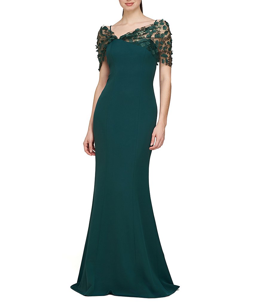 JS Collections 3D Applique Asymmetrical Neck Crepe Mermaid Gown Dillard s