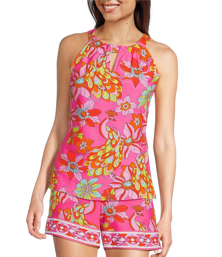 Jude Connally Claire Knit Twirling Peacock Print Keyhole Halter Neck ...