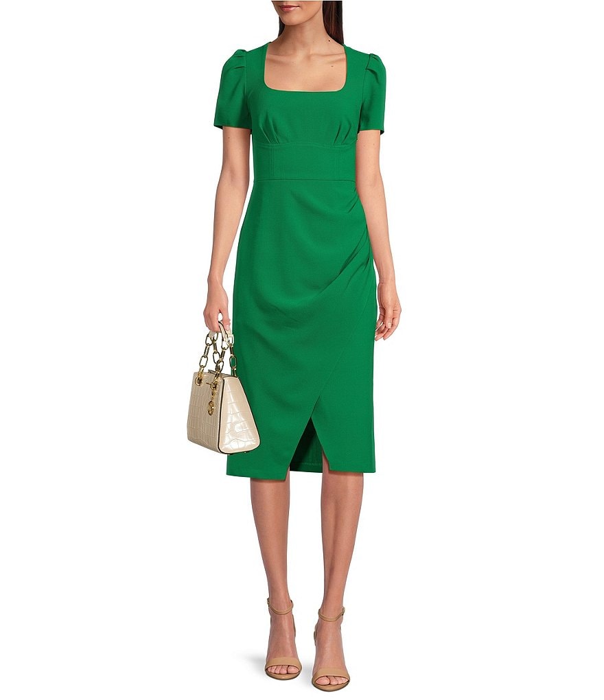 Julia Jordan Crepe Square Neck Short Sleeve Pleated Front Slit Knee ...