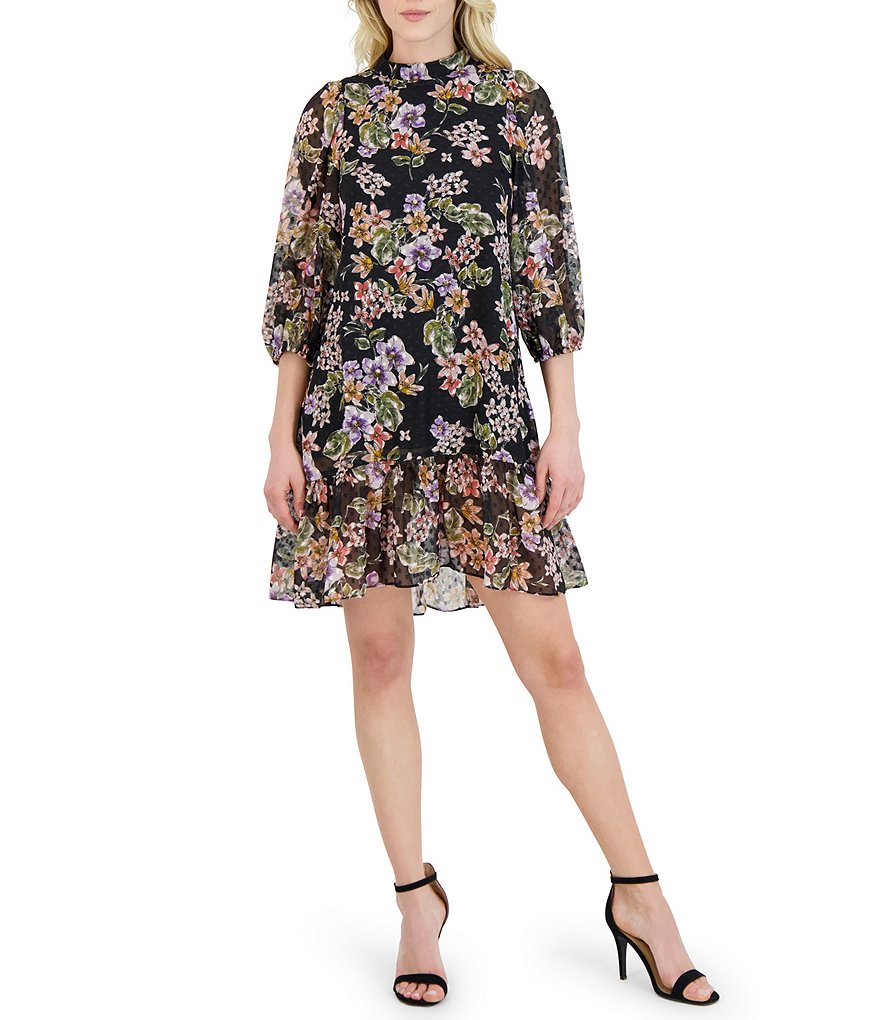 Julia Jordan Mock Neck 3/4 Sleeve Floral Print Chiffon Trapeze Dress ...