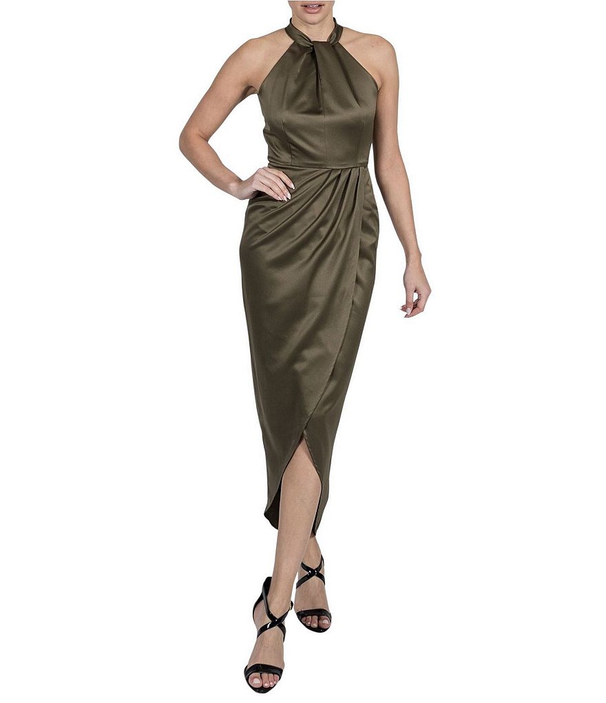 Julia Jordan Satin Halter Neck Sleeveless Pleated Wrap Tulip Hem Dress ...