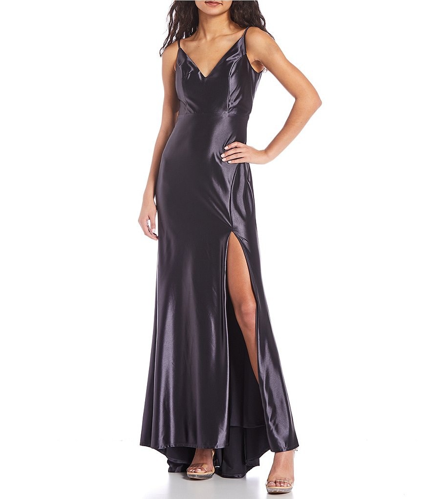 Spaghetti Strap V-Neck High Side Slit Stretch Satin Long Dress | Dillard's