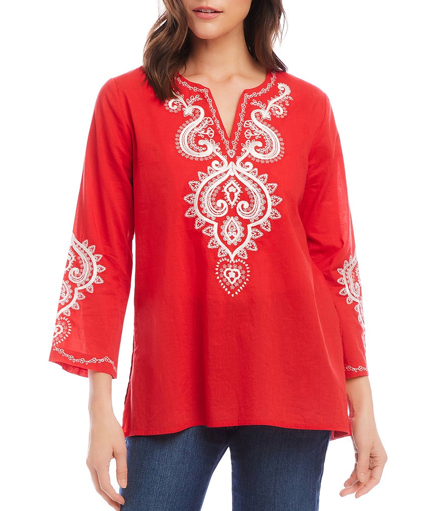 Karen Kane Embroidered V Neck 3 4 Sleeve Tunic Dillards