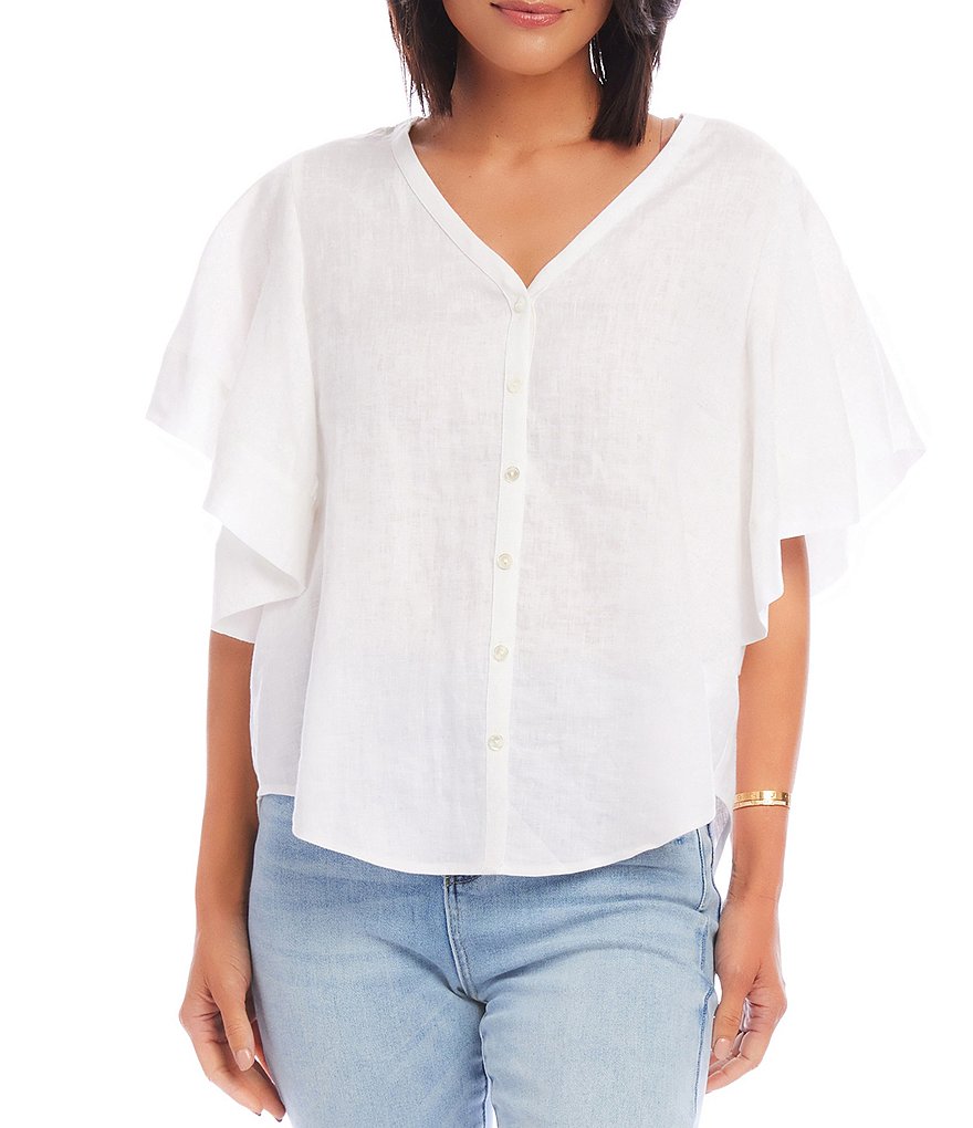 Karen Kane Linen V-Neck Short Flutter Sleeve Button Front Top | Dillard's