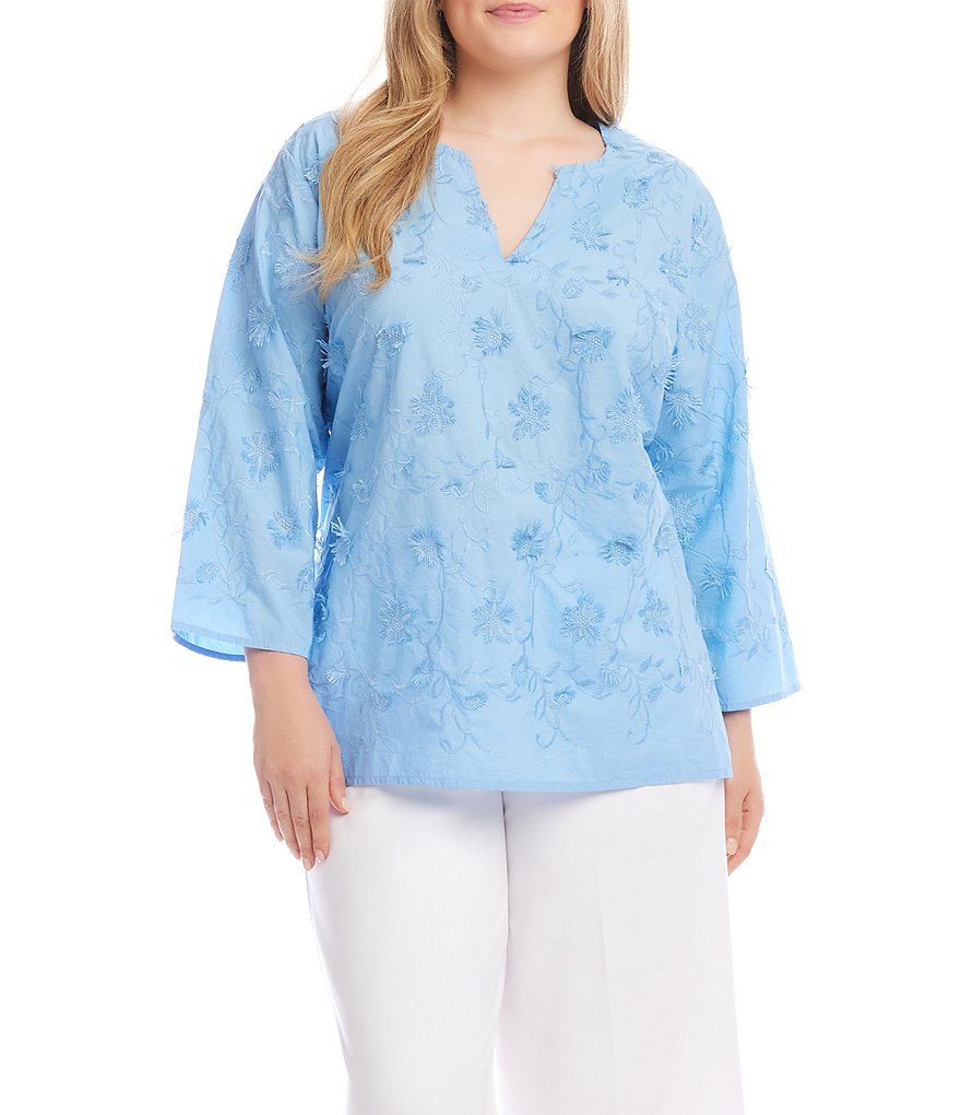 Karen Kane Plus Size Embroidered Split V-Neck 3/4 Sleeve Karen Kane Plus Size Embroidered Split V-Neck 3/4 Sleeve
