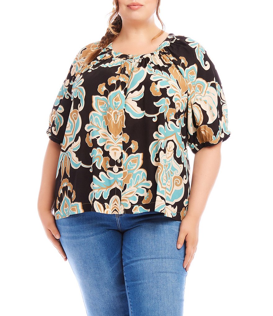 Karen Kane Plus Size Floral Scoop Neck Short Puff Sleeve Button-Front Top