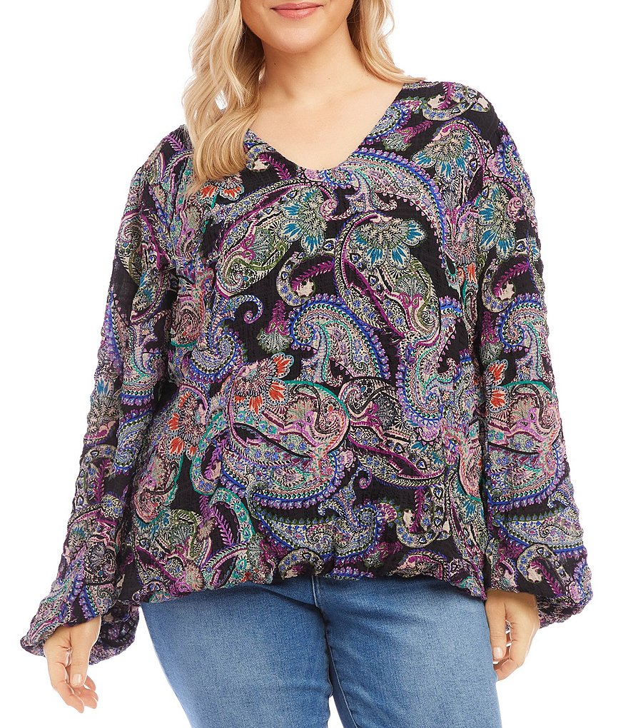 Karen Kane Plus Size Paisley Print Crinkled Woven V Neck Blouson Sleeve