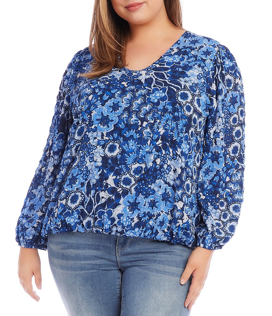 Karen Kane Plus Size Soft Floral Print V Neck Long Blouson Sleeve Top