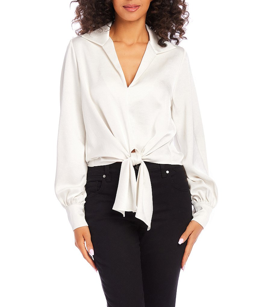 Karen Kane Satin Collared Long Sleeve Tie Front Top | Dillard's