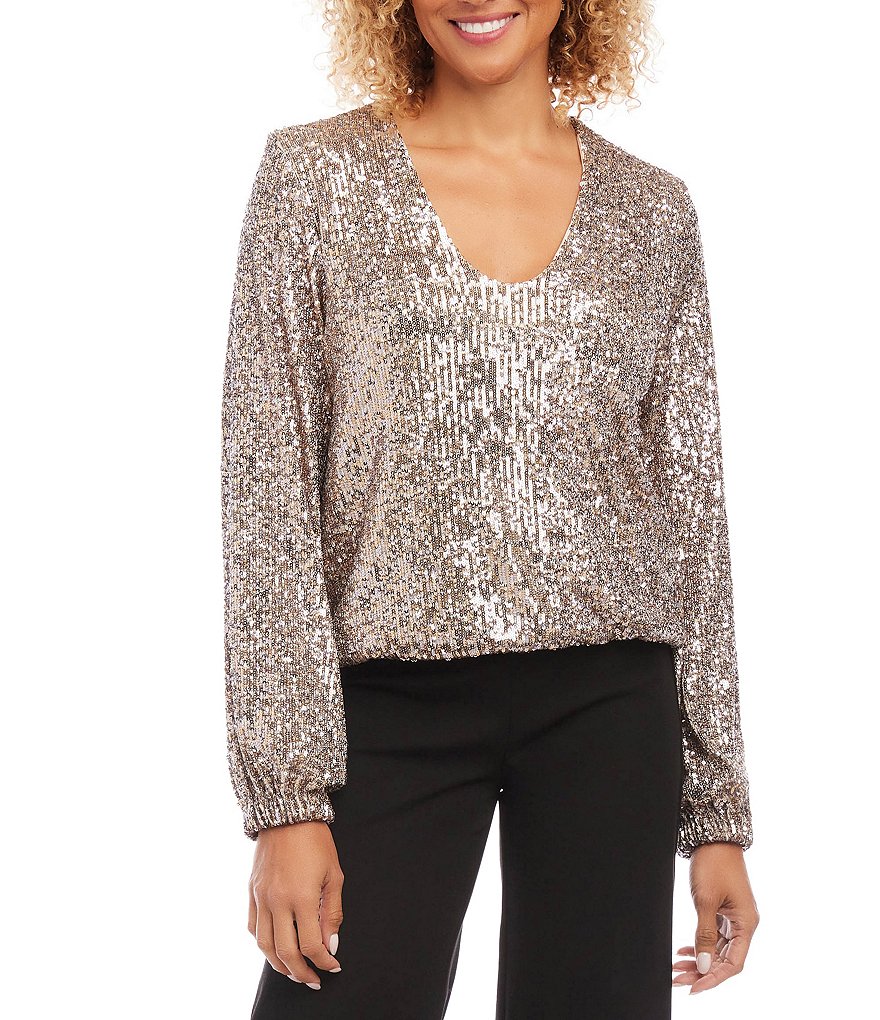 Sapphire Blue Sequin Long Sleeve Blouson Top