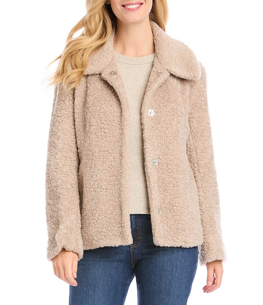 Karen Kane Sherpa Notch Collar Long Sleeve Snap-Front Jacket | Dillard's