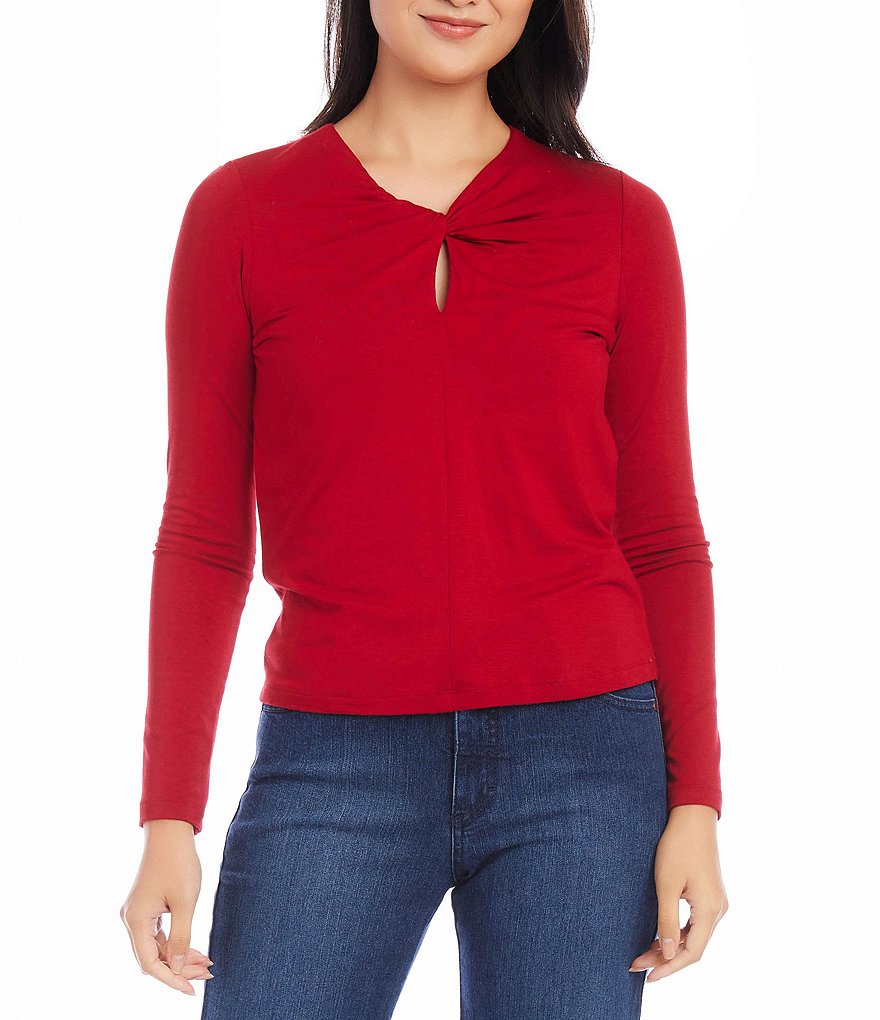 Karen Kane Stretch Knit Long Sleeve Front Twist Keyhole Crew Neck