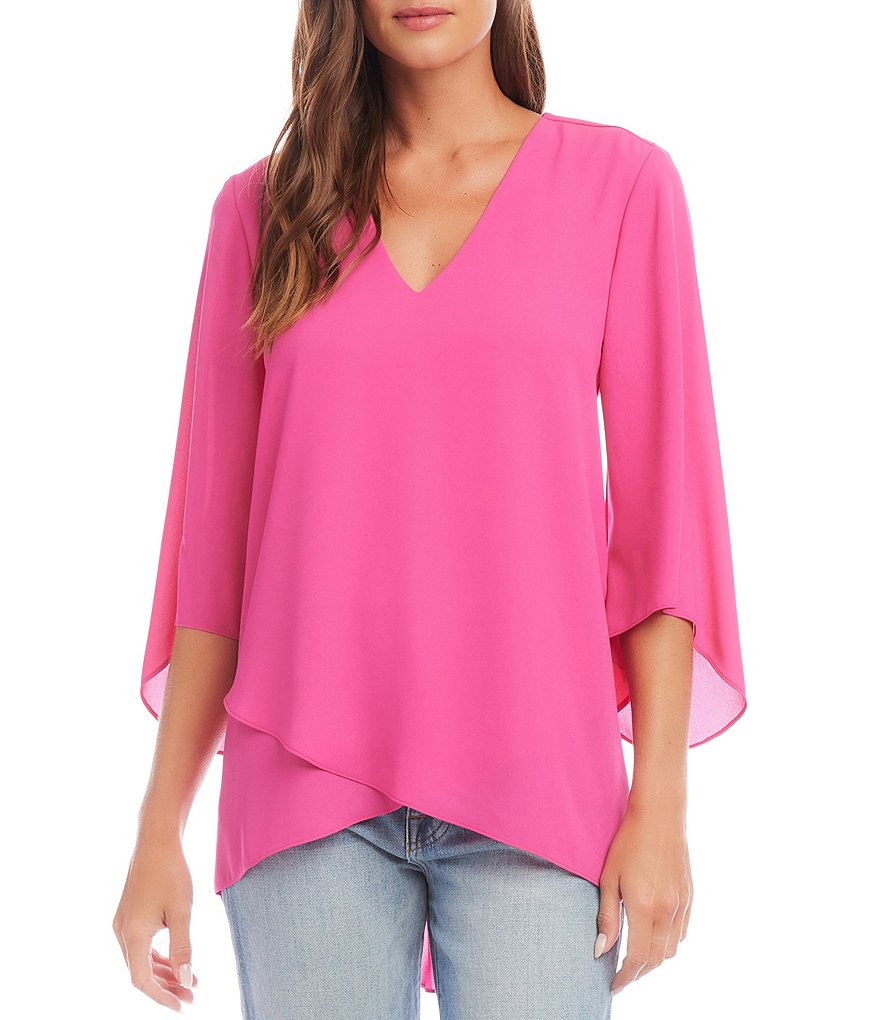 Karen Kane V-Neck 3/4 Sleeve Crossover Hem Silky Crepe Top