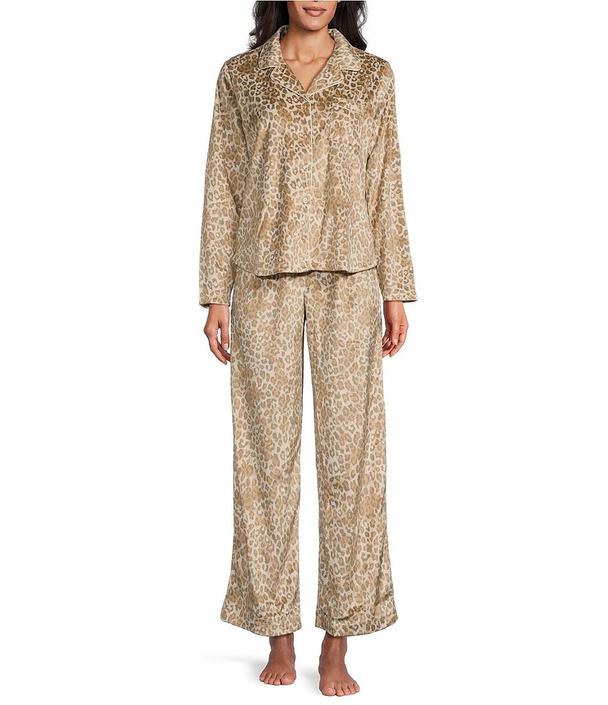 Karen Neuburger Animal Print Fleece Notch Collar Long Sleeve 3 Piece Pajama Set Dillard s