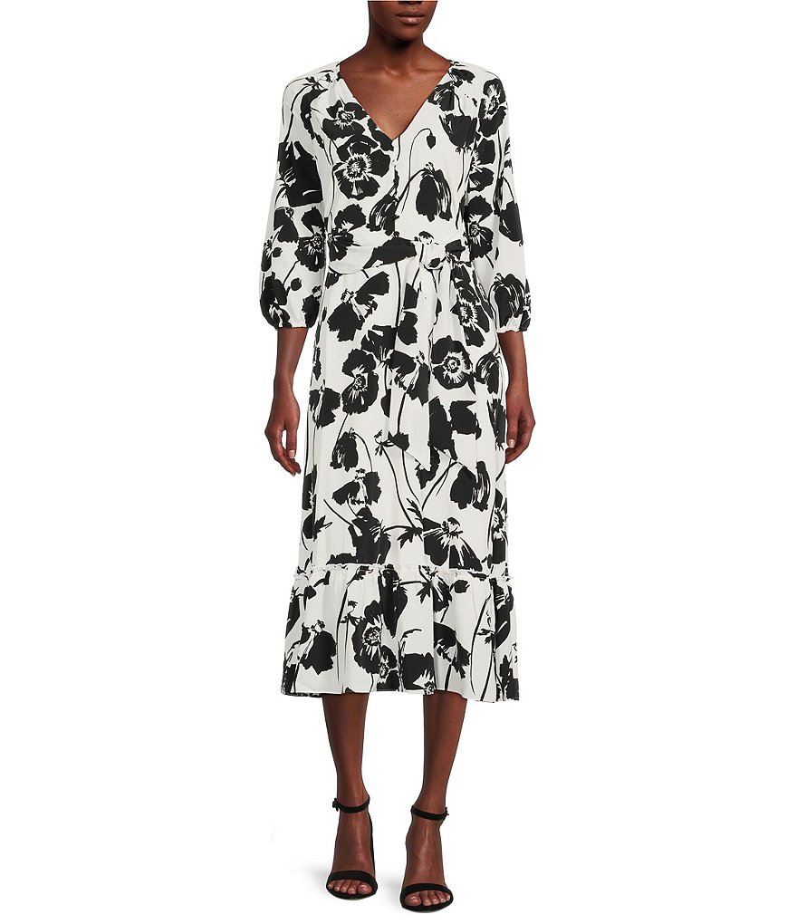 KARL LAGERFELD PARIS Floral Print V-Neck Tie Waist Flounce Hem Midi ...