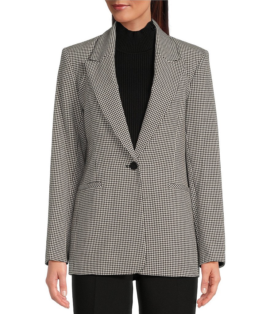 KARL LAGERFELD PARIS Houndstooth Print Notch Collar Long Sleeve Open ...