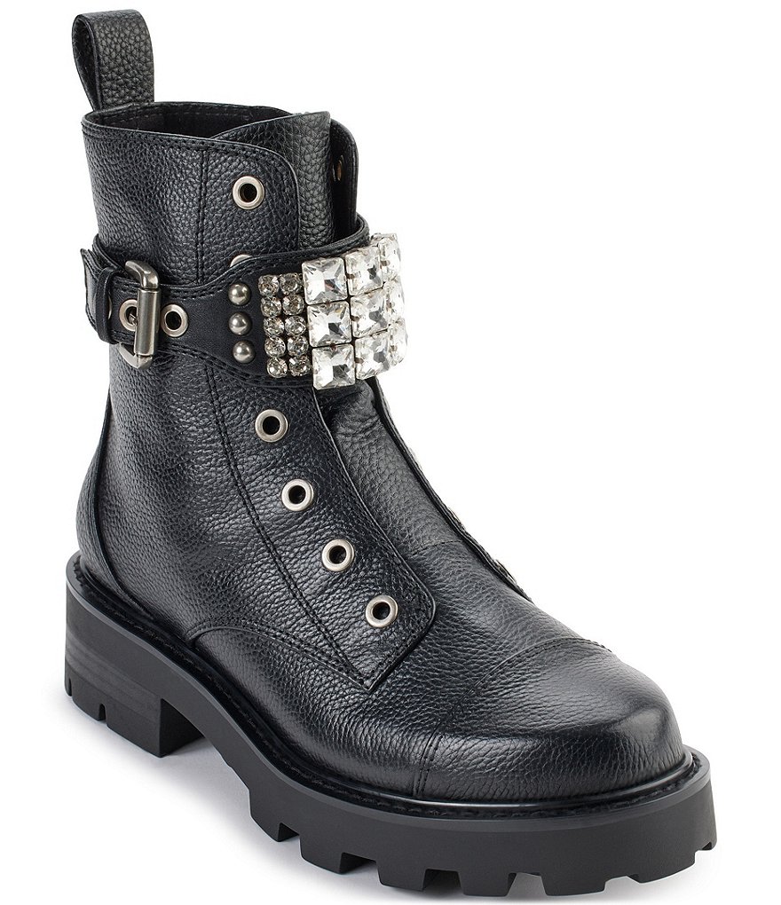 KARL LAGERFELD PARIS Maeva Leather Rhinestone Lug Sole Combat Platform ...