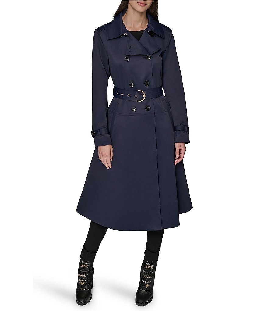 KARL LAGERFELD PARIS Notch Collar Belted Flare Hem Trench Jacket