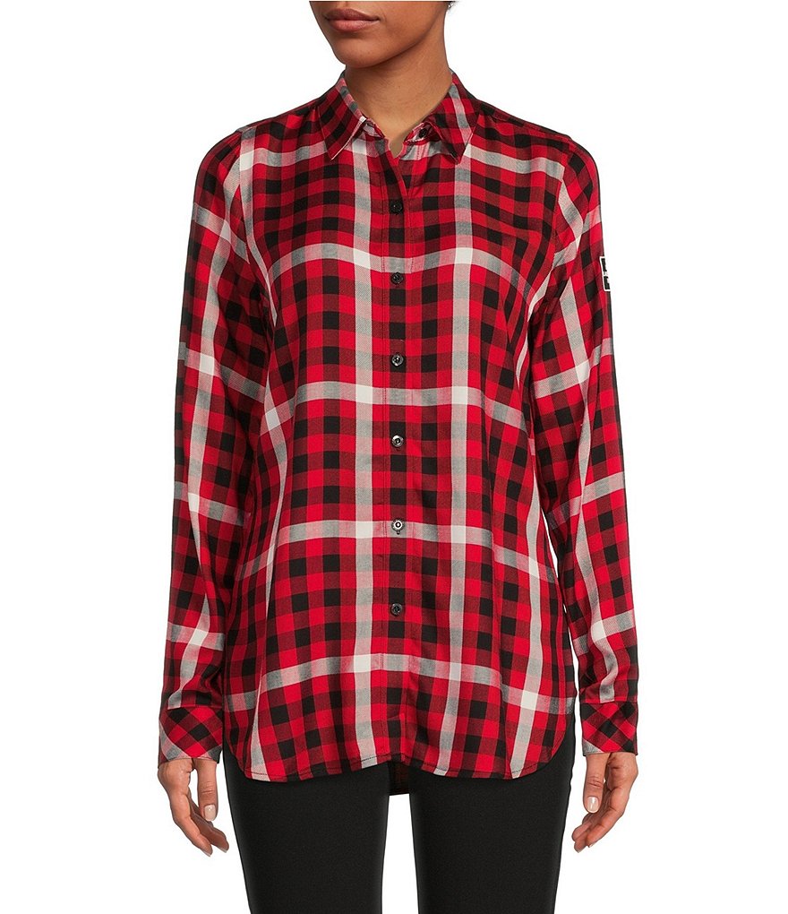 Karl Lagerfeld Paris Women's Plaid Button Down Shirt - Red - Size L - Admiral Red Combo