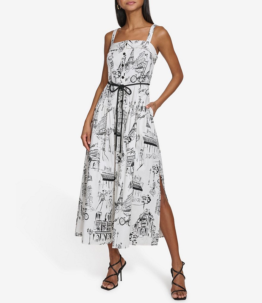 KARL LAGERFELD PARIS Printed Sateen Square Neck Sleeveless Button Front Tie  Belt Dress | Dillard's