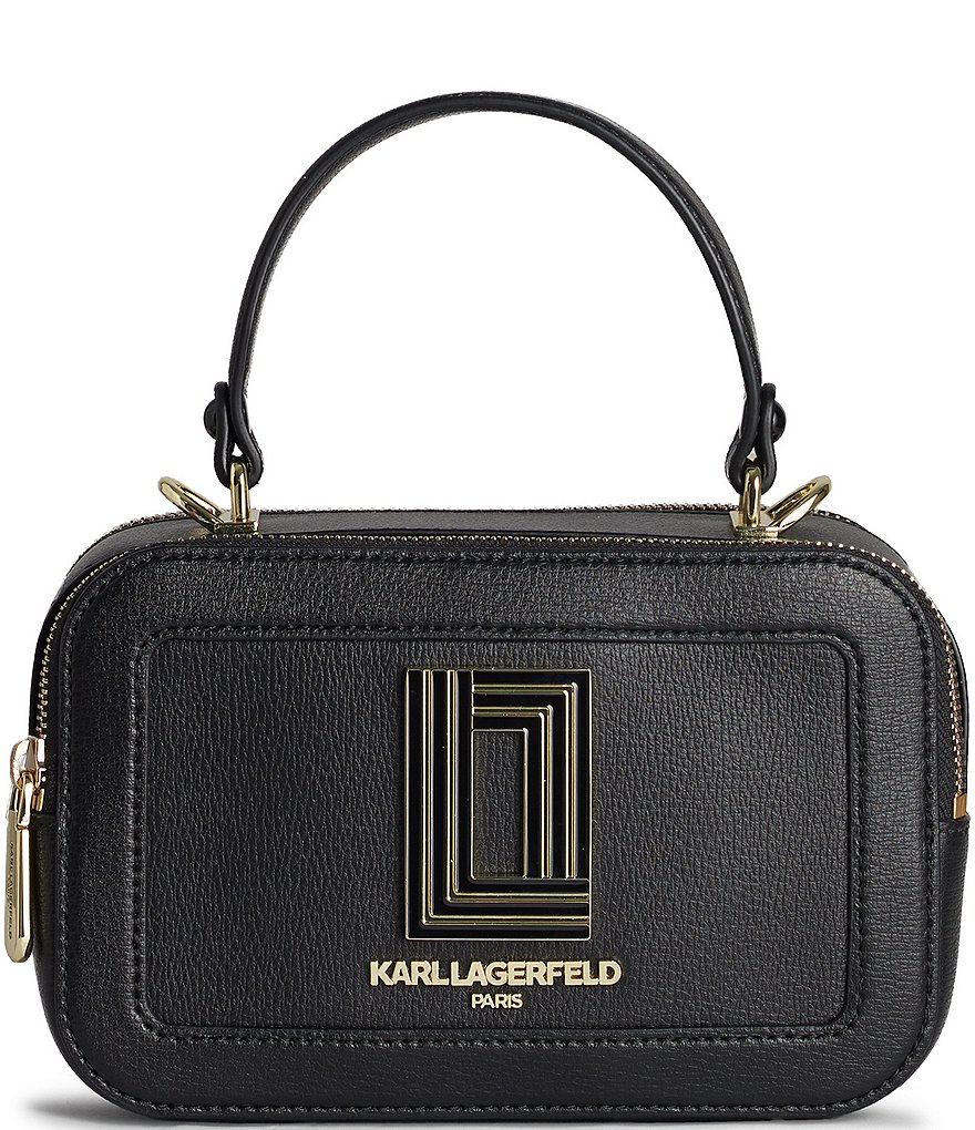 Karl Lagerfeld Paris Rose/Flora Gold Stud Black Leather Chain Crossbody  Purse